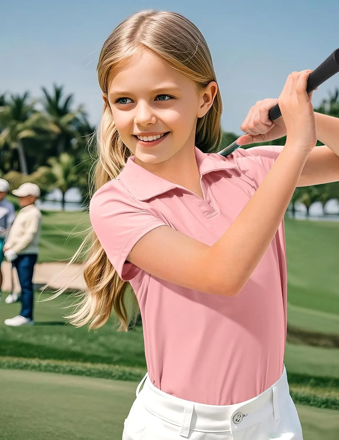 KEREDA Girls Polo Shirts Golf Tennis School Uniform Short Sleeve T Shirts V-Neck Collared Quick Dry Tops