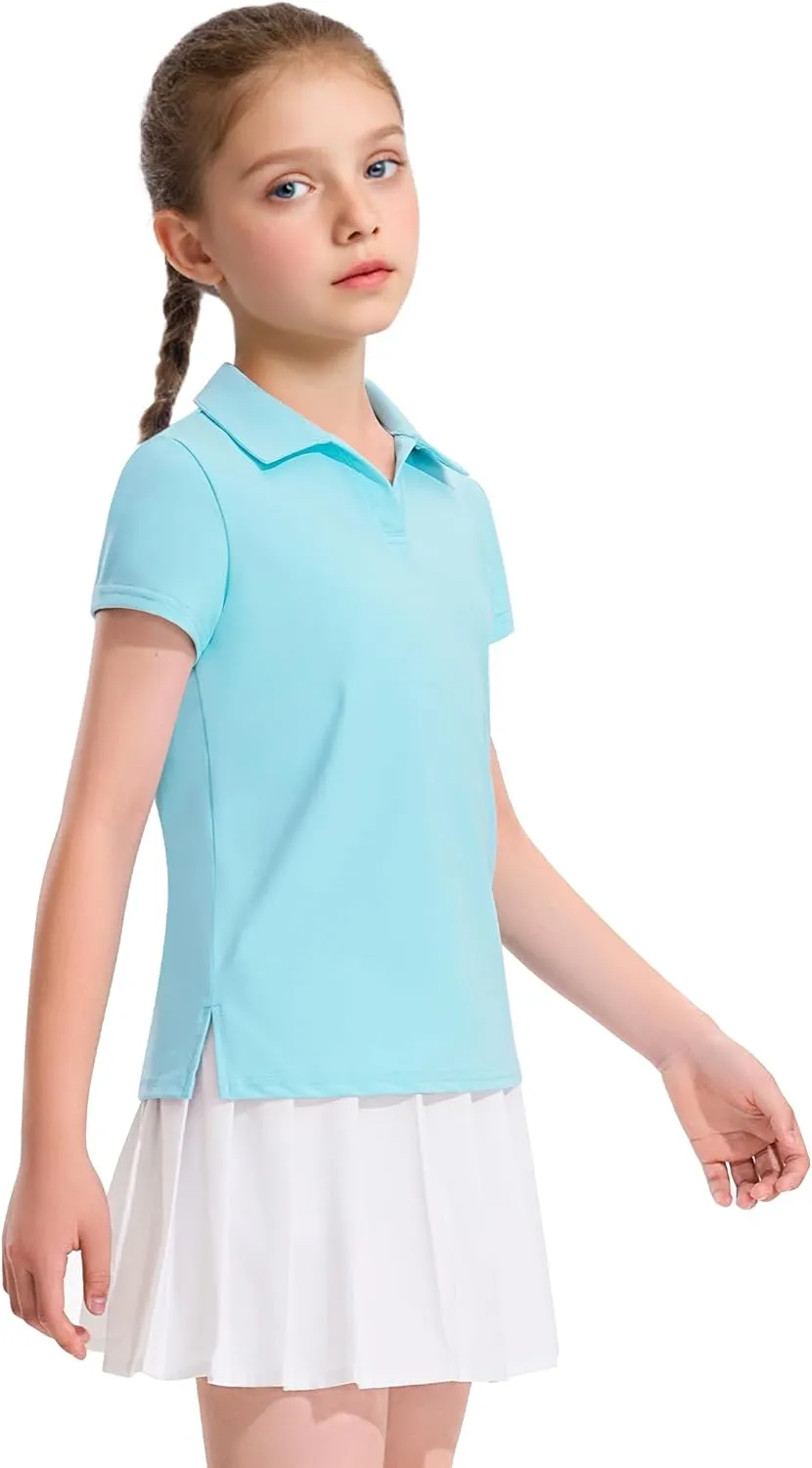 KEREDA Girls Polo Shirts Golf Tennis School Uniform Short Sleeve T Shirts V-Neck Collared Quick Dry Tops