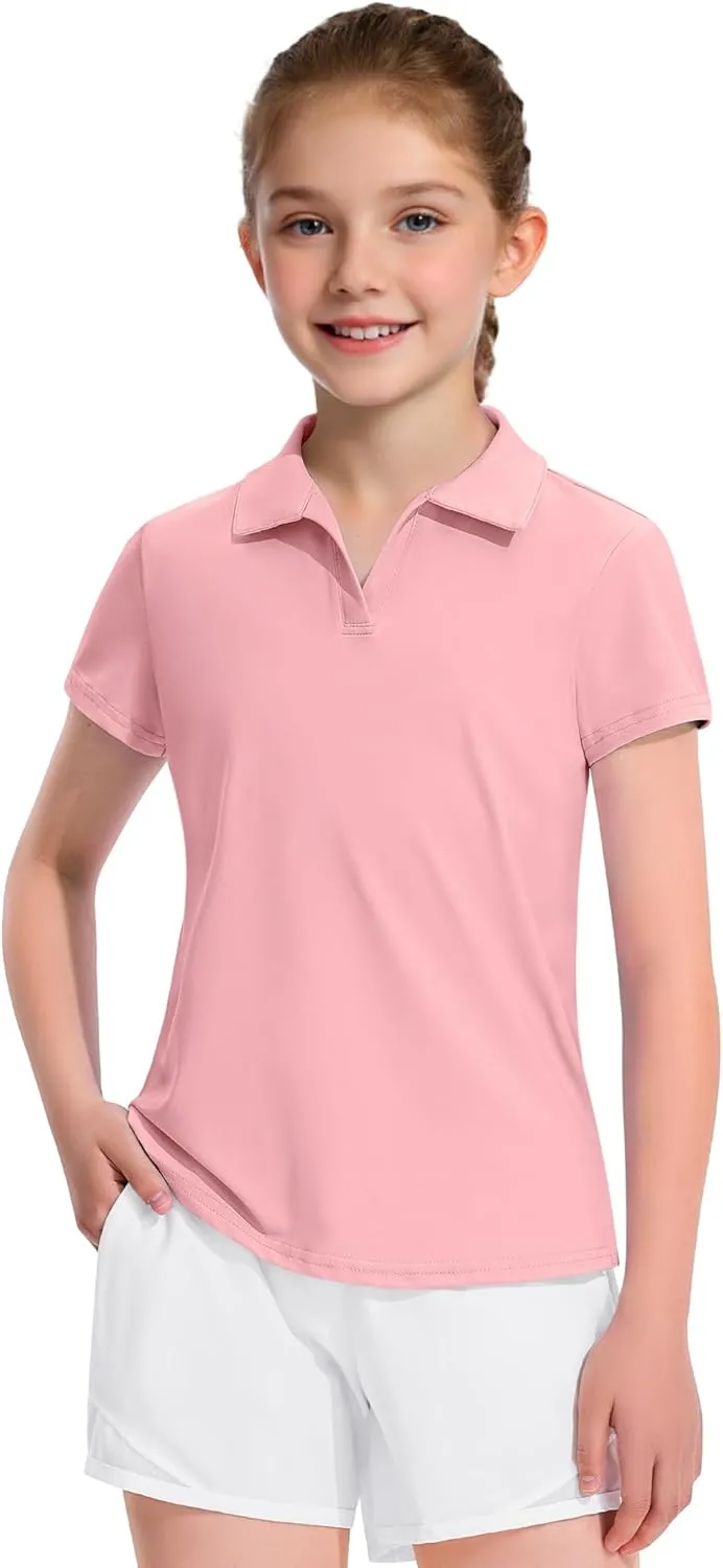 KEREDA Girls Polo Shirts Golf Tennis School Uniform Short Sleeve T Shirts V-Neck Collared Quick Dry Tops