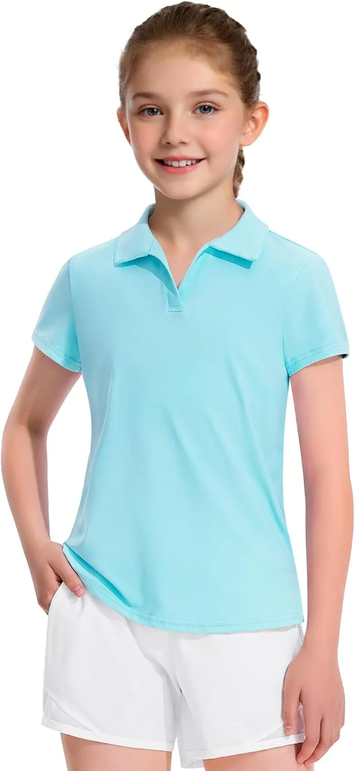 KEREDA Girls Polo Shirts Golf Tennis School Uniform Short Sleeve T Shirts V-Neck Collared Quick Dry Tops