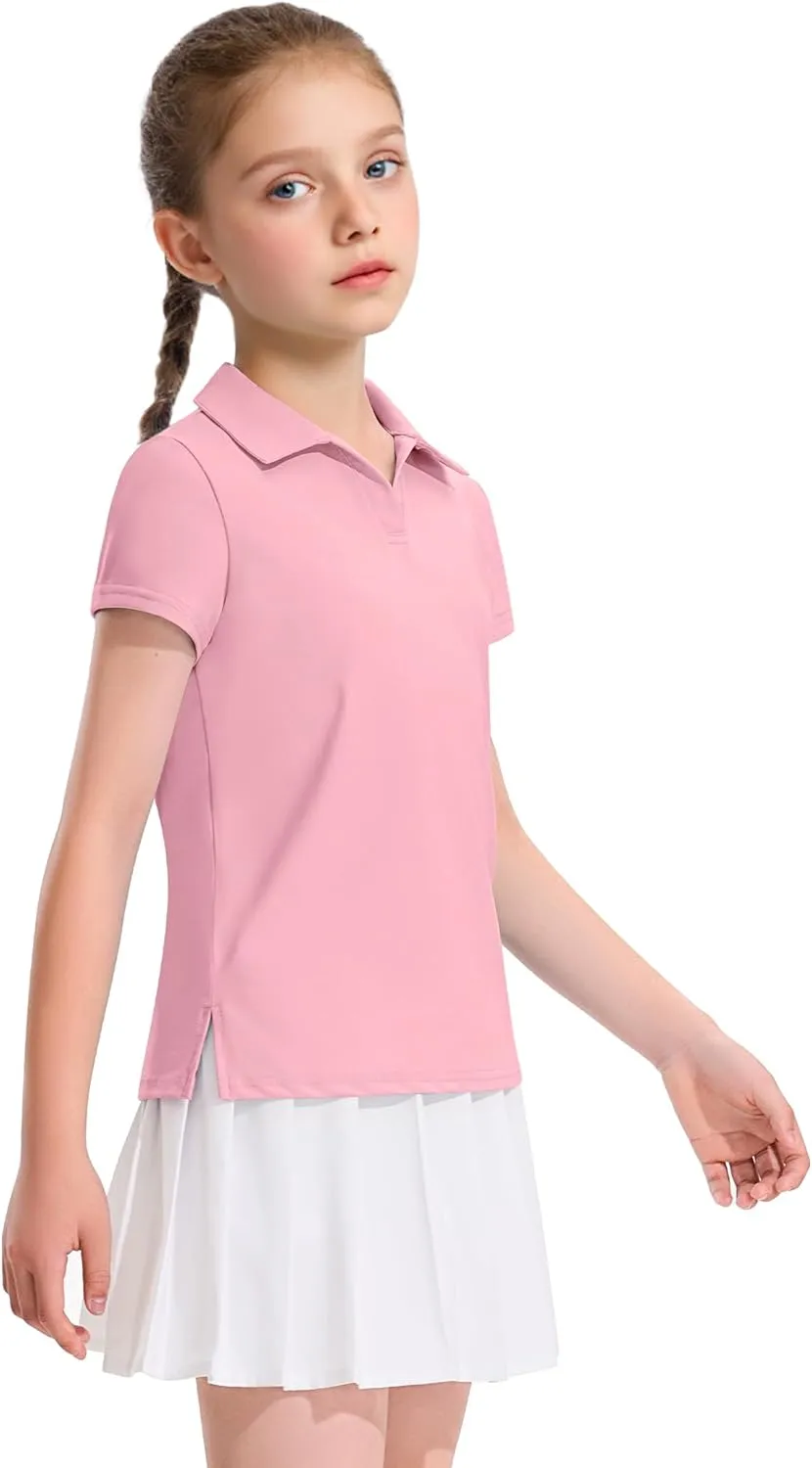 KEREDA Girls Polo Shirts Golf Tennis School Uniform Short Sleeve T Shirts V-Neck Collared Quick Dry Tops