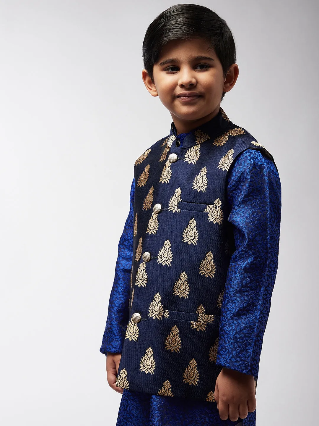 Kid's Jacquard Silk Navy Blue & Gold Self Design ONLY Nehru Jacket - Sojanya KID