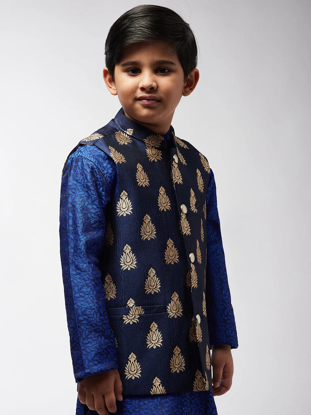 Kid's Jacquard Silk Navy Blue & Gold Self Design ONLY Nehru Jacket - Sojanya KID