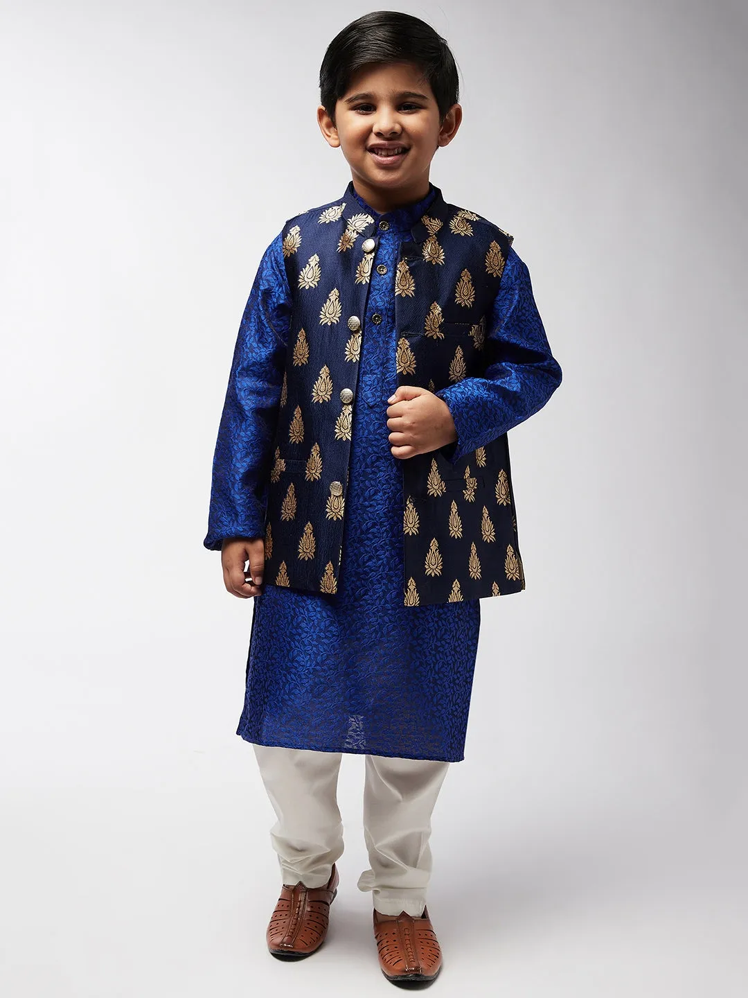 Kid's Jacquard Silk Navy Blue & Gold Self Design ONLY Nehru Jacket - Sojanya KID