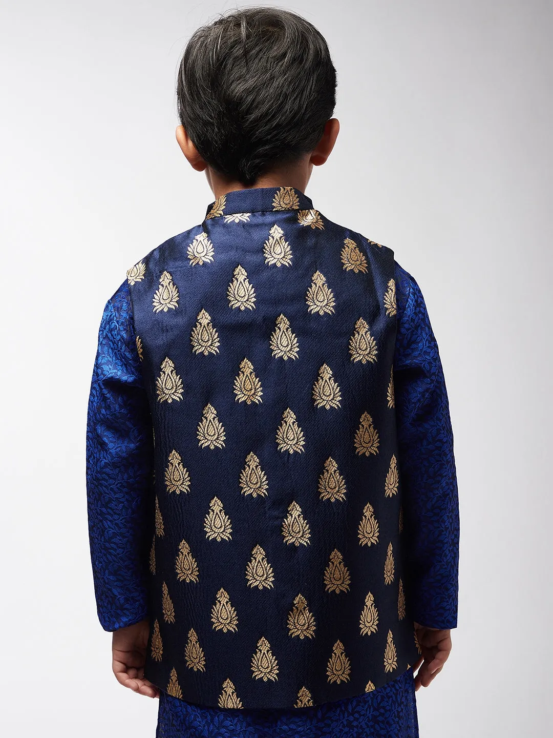 Kid's Jacquard Silk Navy Blue & Gold Self Design ONLY Nehru Jacket - Sojanya KID