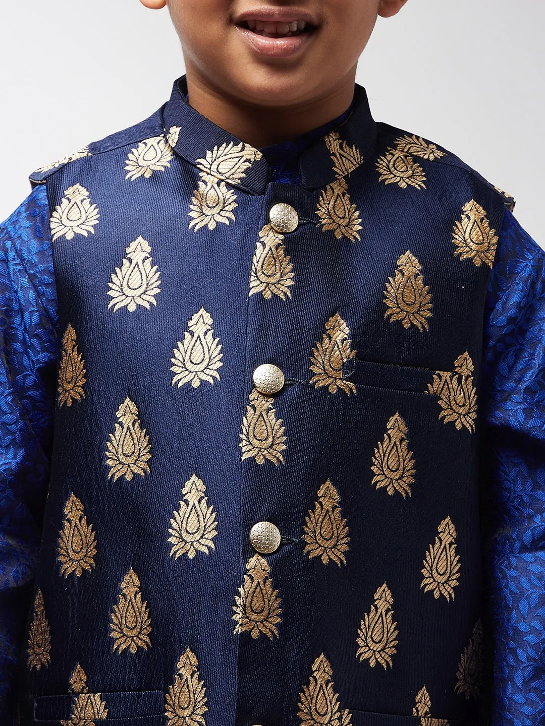 Kid's Jacquard Silk Navy Blue & Gold Self Design ONLY Nehru Jacket - Sojanya KID
