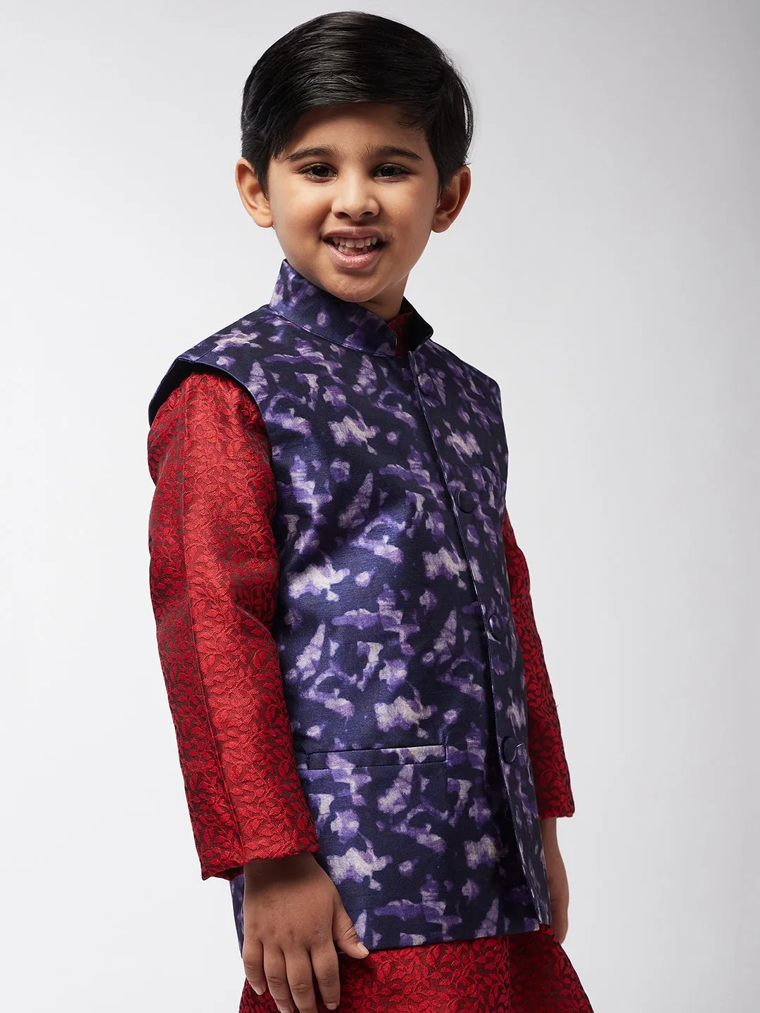 Kid's Silk Blend Navy Blue Printed ONLY Nehrujacket - Sojanya KID
