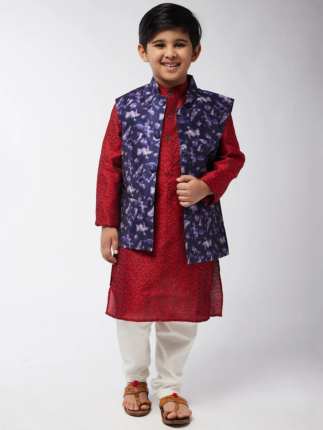 Kid's Silk Blend Navy Blue Printed ONLY Nehrujacket - Sojanya KID