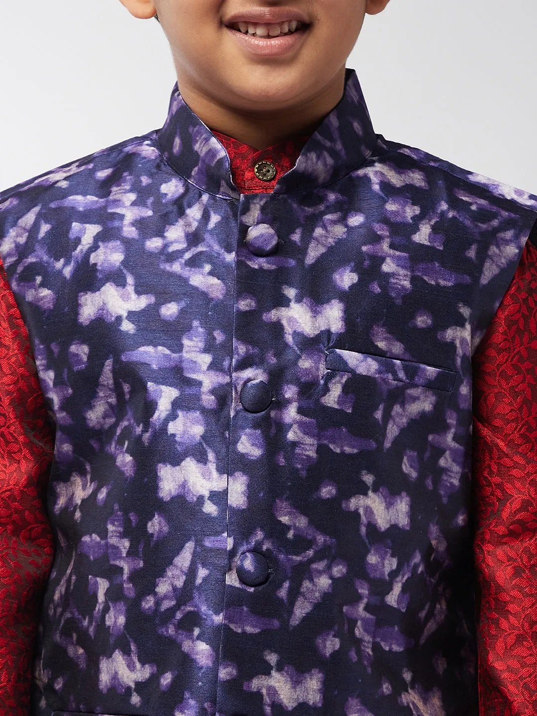 Kid's Silk Blend Navy Blue Printed ONLY Nehrujacket - Sojanya KID