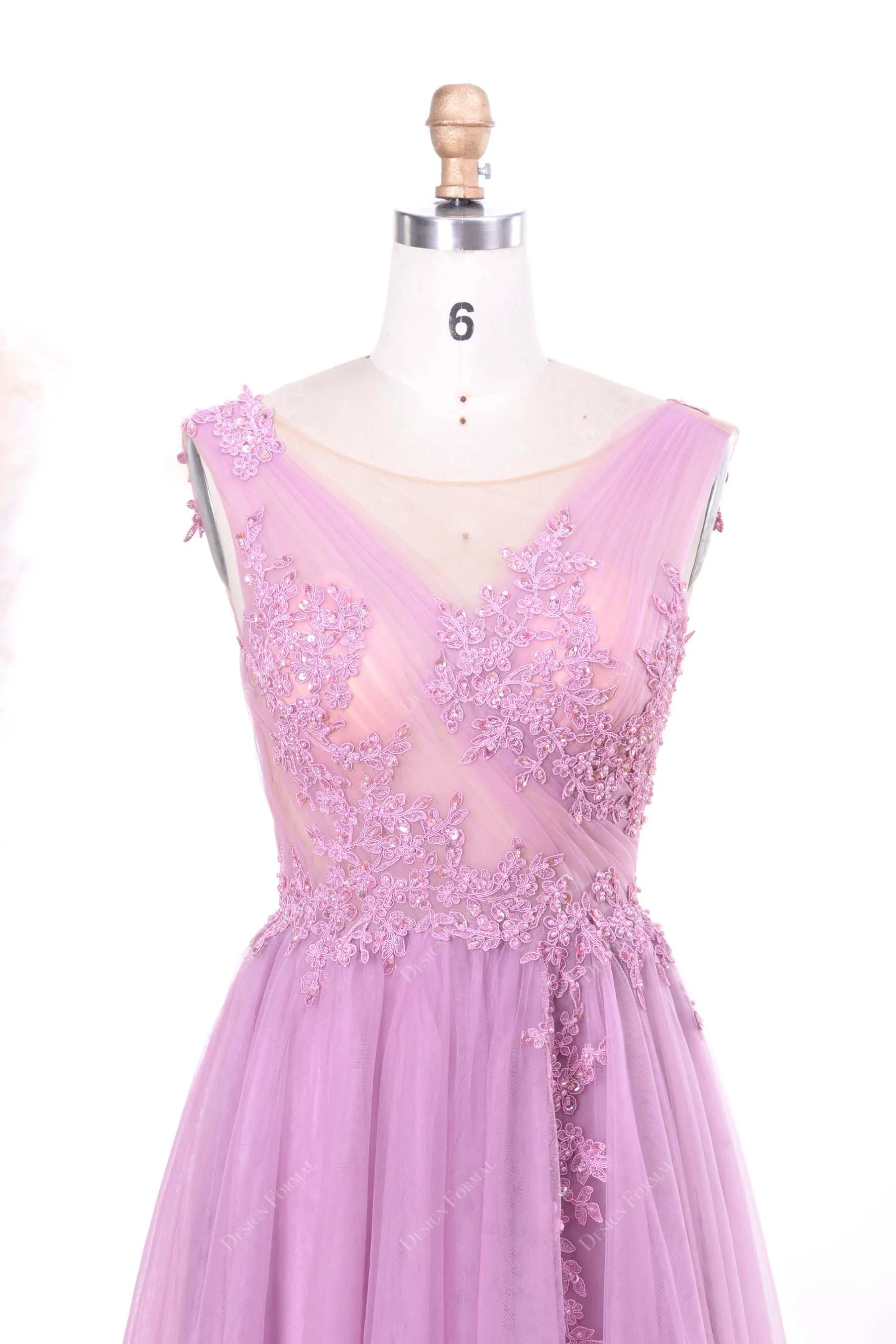 Lilac Illusion Beaded Lace Sexy Slit Illusion Top A-line Tulle Prom Dress