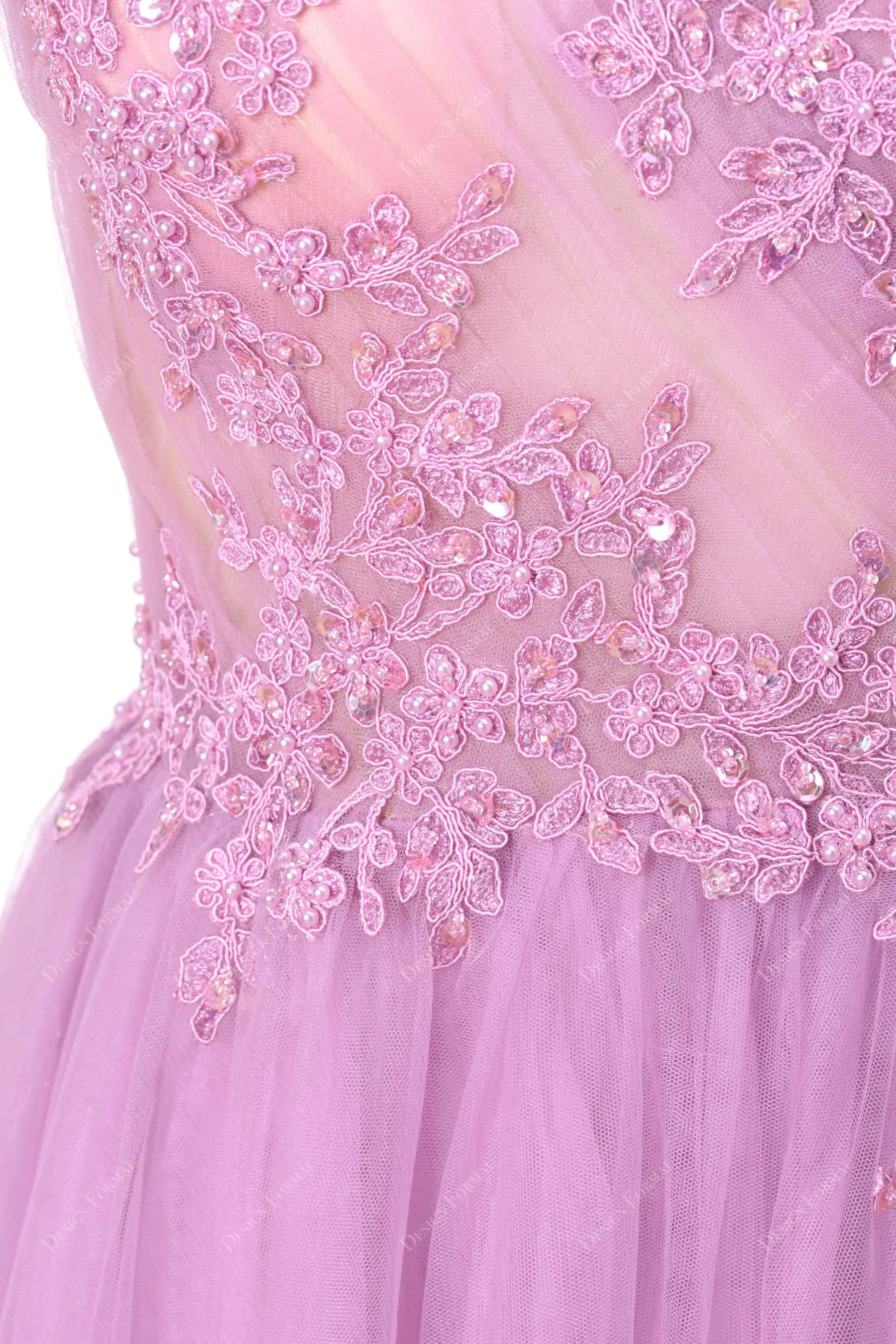 Lilac Illusion Beaded Lace Sexy Slit Illusion Top A-line Tulle Prom Dress
