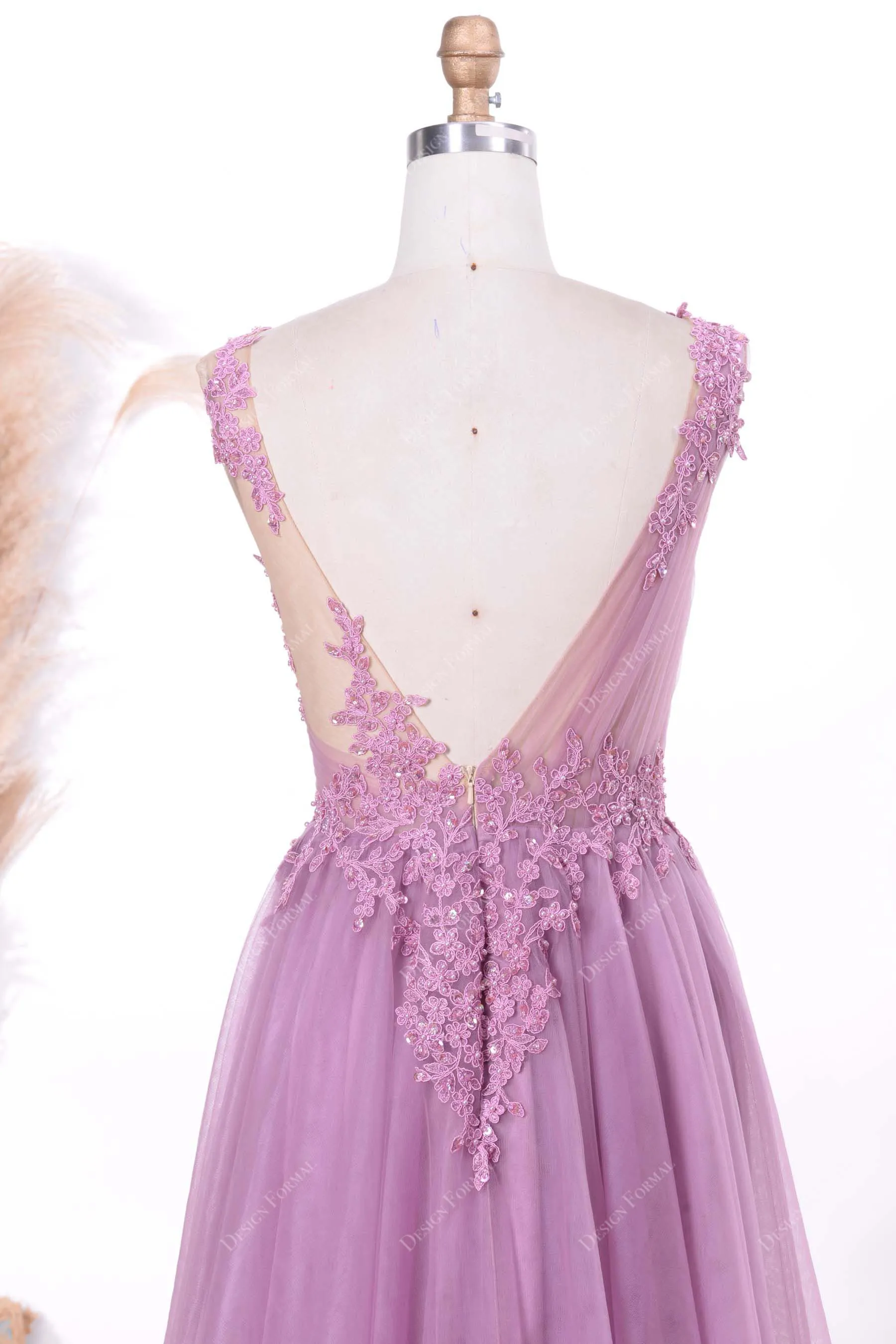 Lilac Illusion Beaded Lace Sexy Slit Illusion Top A-line Tulle Prom Dress