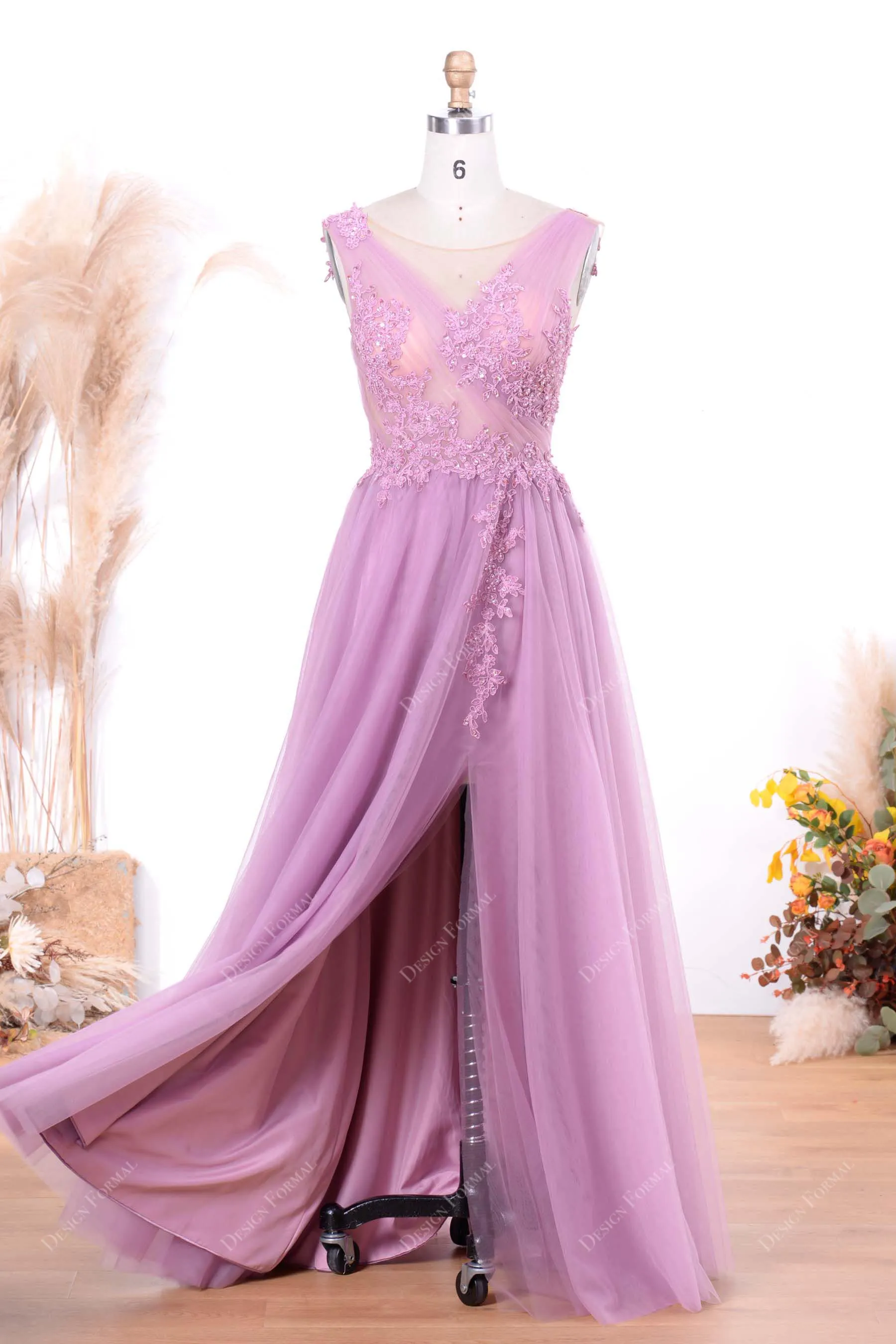 Lilac Illusion Beaded Lace Sexy Slit Illusion Top A-line Tulle Prom Dress