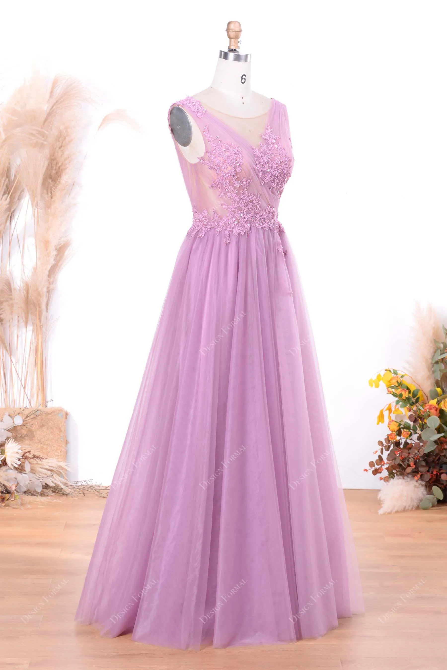 Lilac Illusion Beaded Lace Sexy Slit Illusion Top A-line Tulle Prom Dress