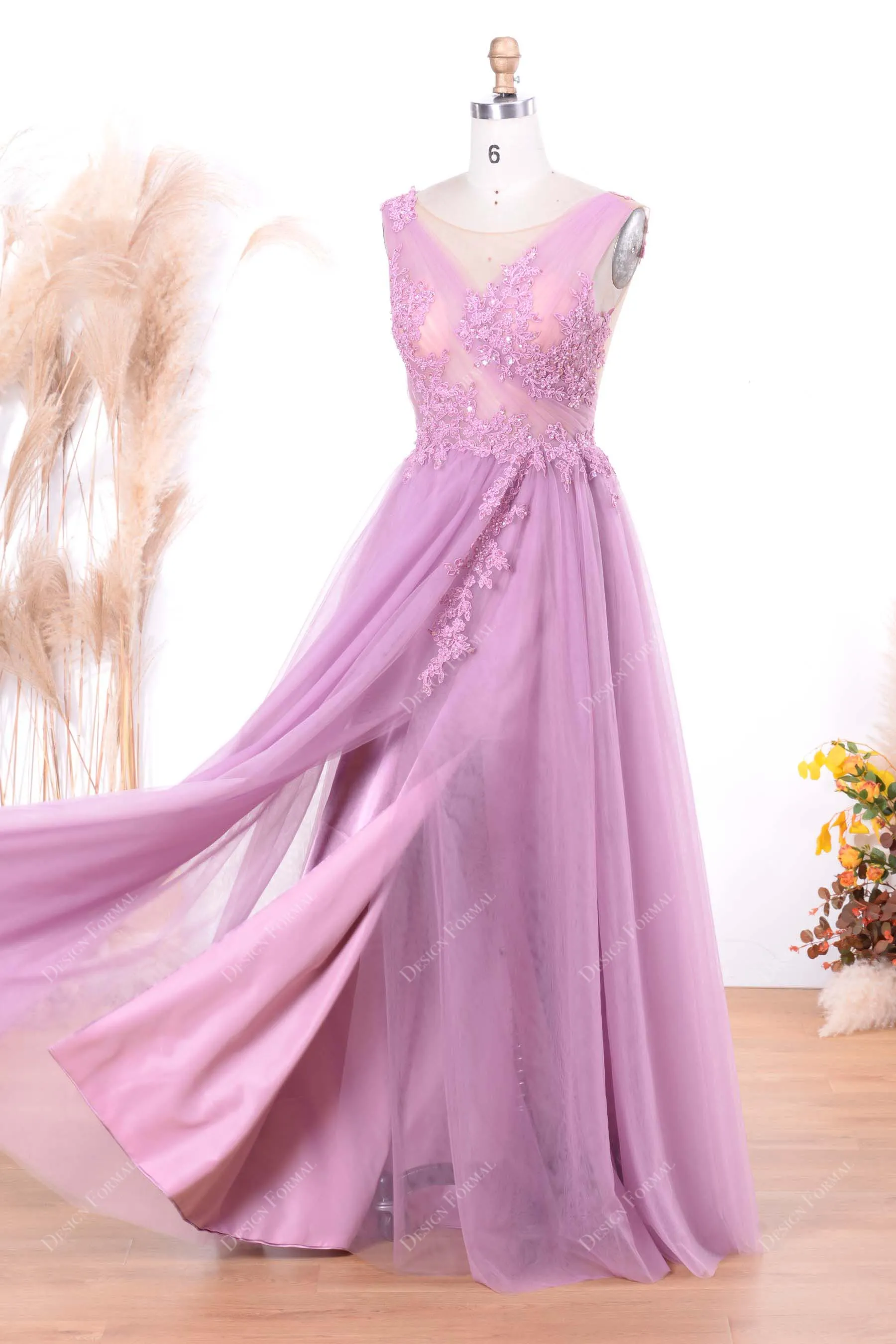 Lilac Illusion Beaded Lace Sexy Slit Illusion Top A-line Tulle Prom Dress
