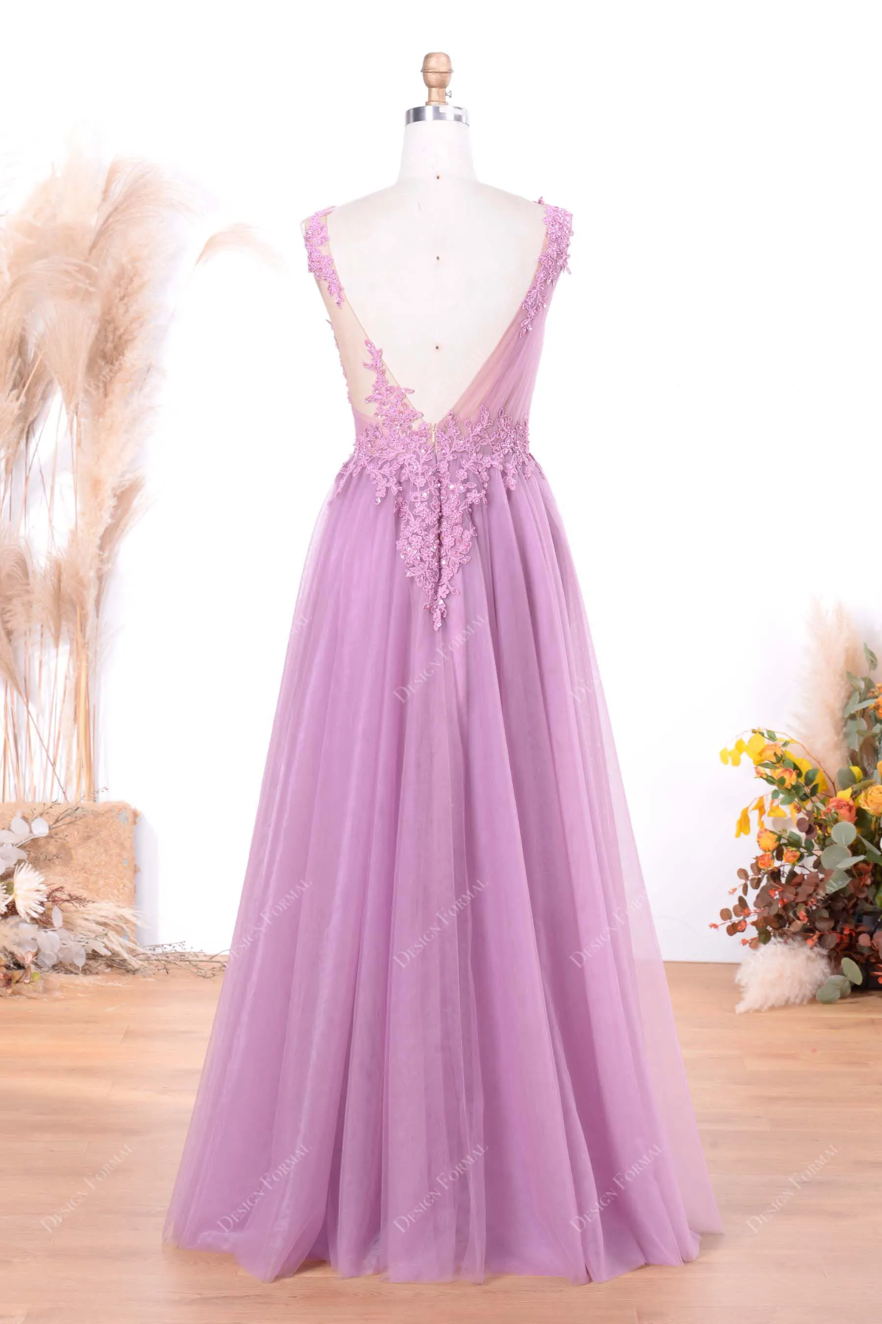 Lilac Illusion Beaded Lace Sexy Slit Illusion Top A-line Tulle Prom Dress