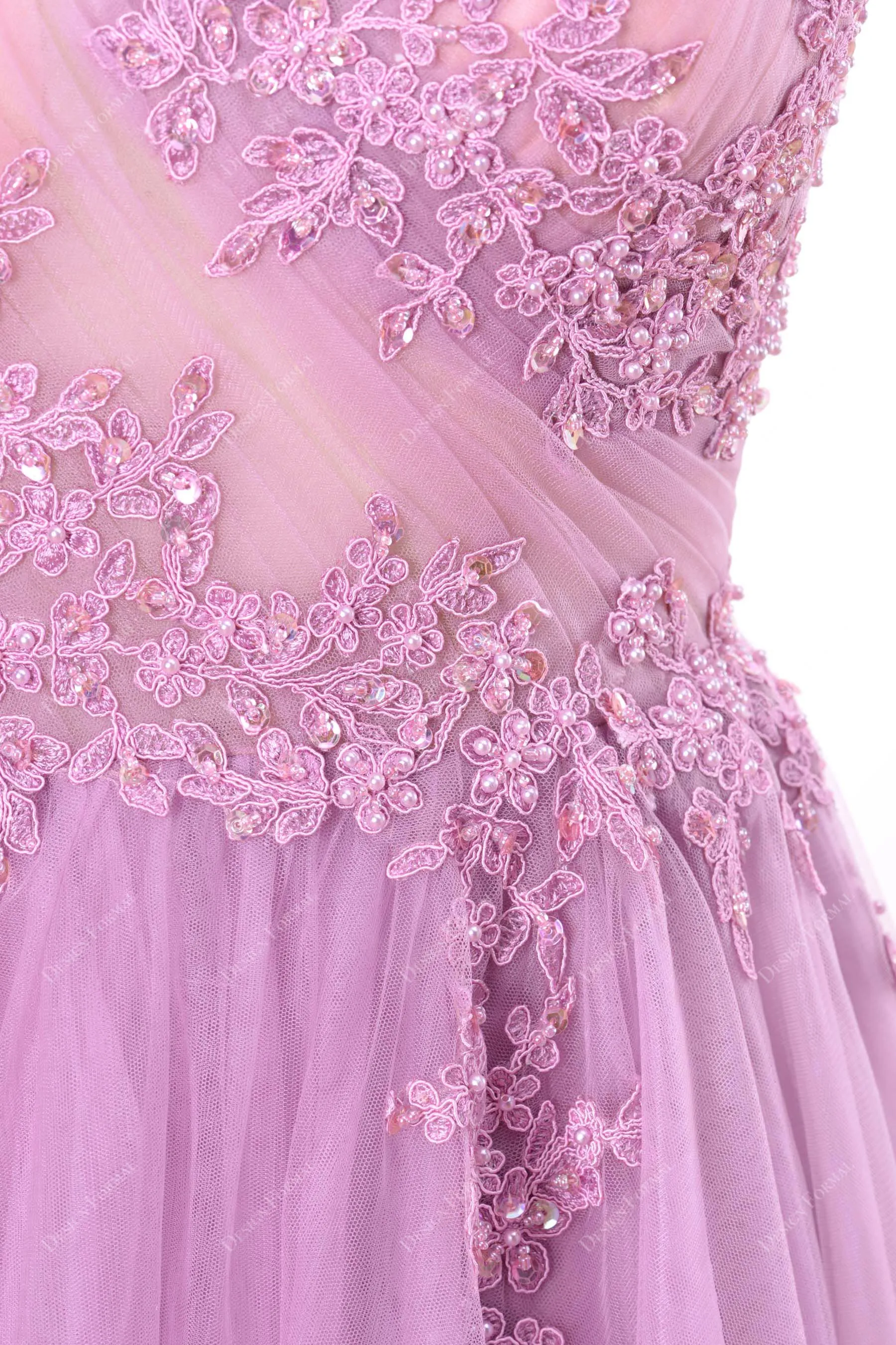 Lilac Illusion Beaded Lace Sexy Slit Illusion Top A-line Tulle Prom Dress