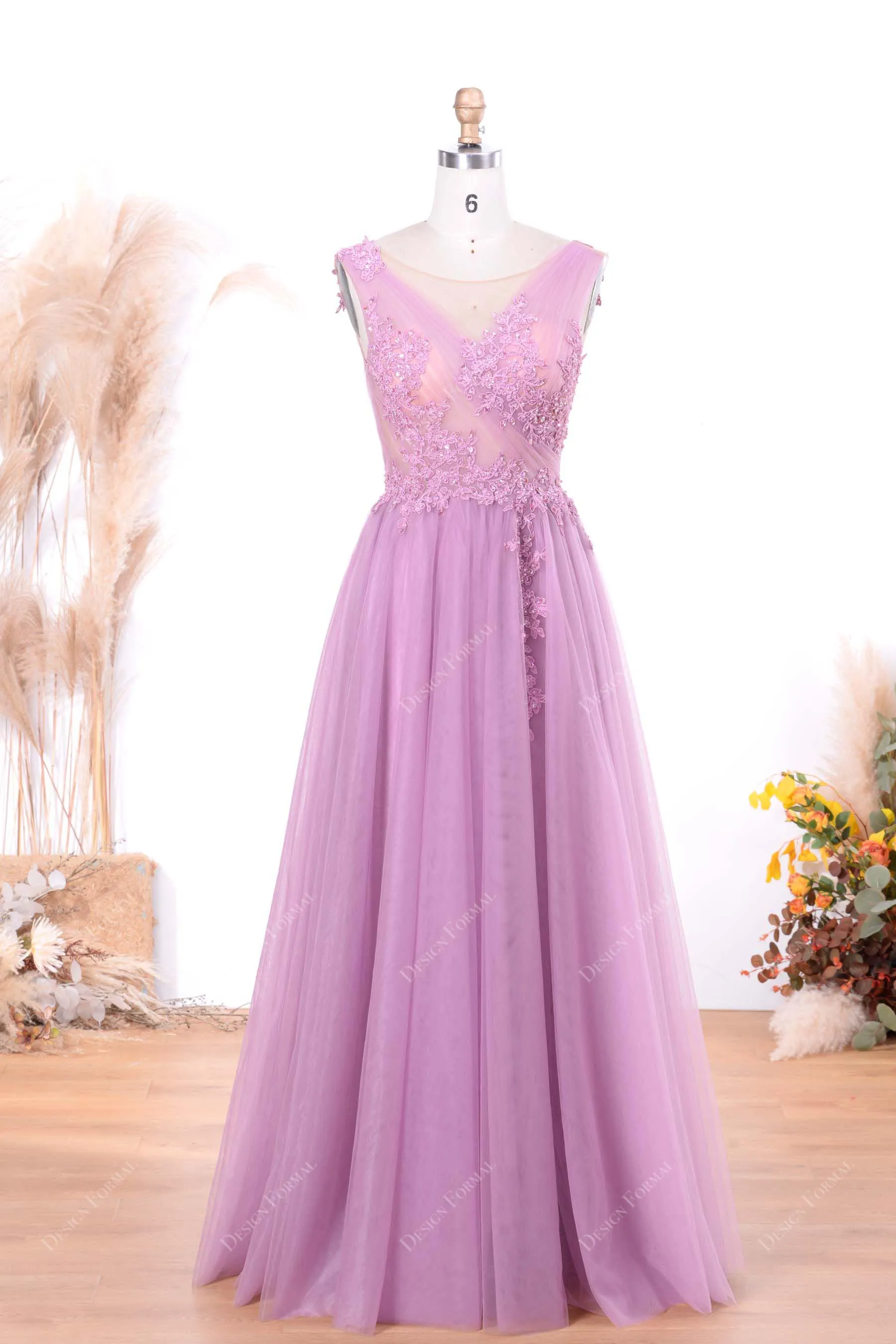 Lilac Illusion Beaded Lace Sexy Slit Illusion Top A-line Tulle Prom Dress