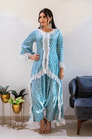 MATARGASHTI - Blue Asymmetrical Long Kurta with Dhoti  Pants