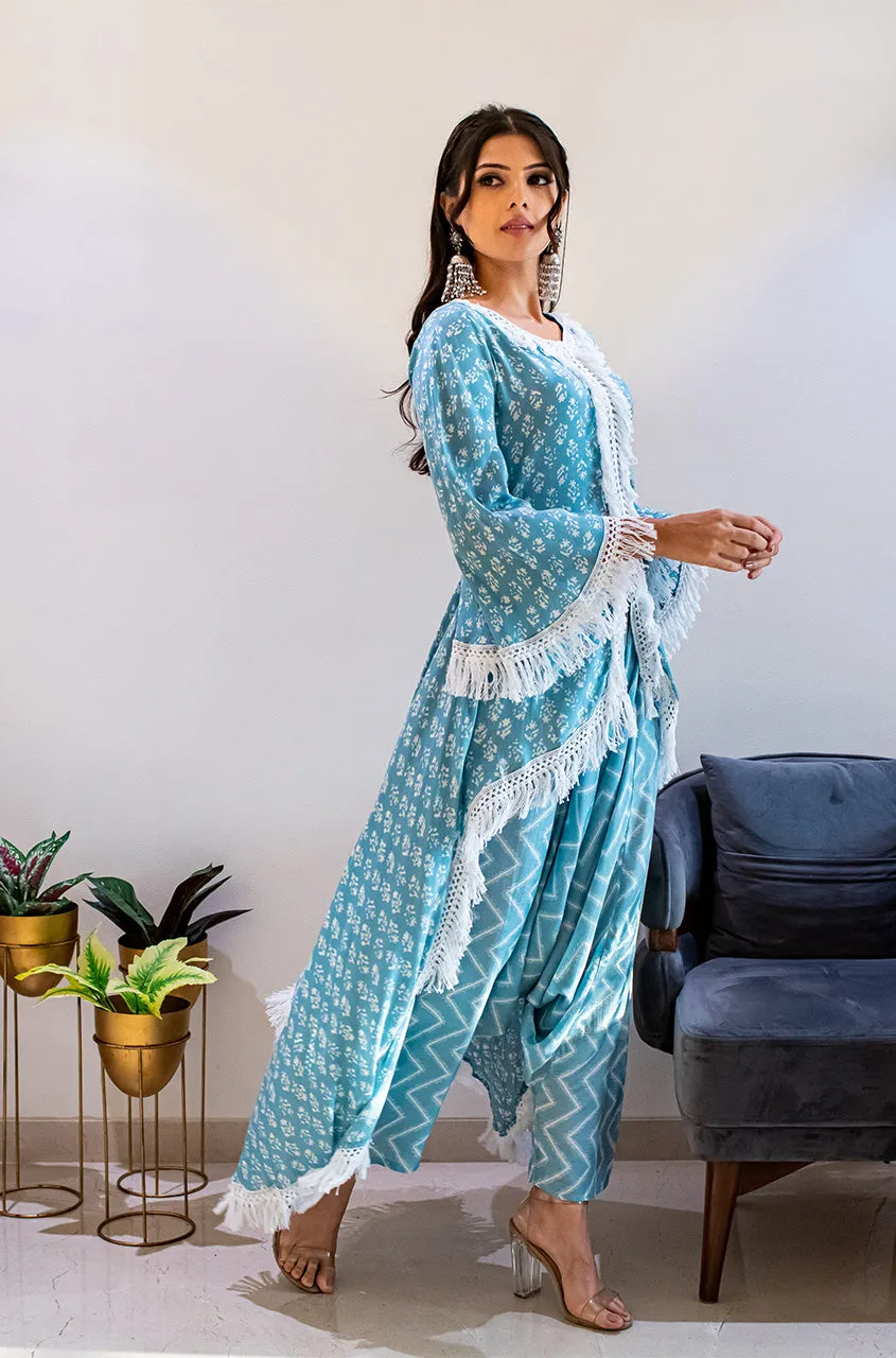 MATARGASHTI - Blue Asymmetrical Long Kurta with Dhoti  Pants