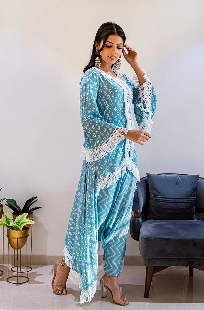 MATARGASHTI - Blue Asymmetrical Long Kurta with Dhoti  Pants