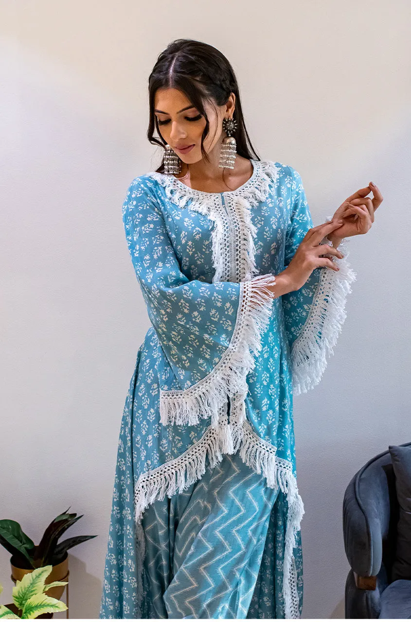 MATARGASHTI - Blue Asymmetrical Long Kurta with Dhoti  Pants