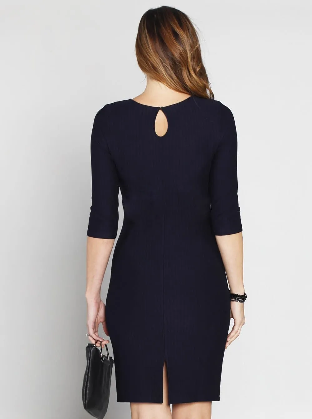 Maternity Fitted Self Stripe Half Sleeve Work Dress - Navy