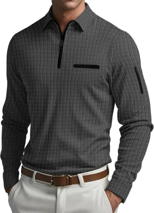 Men's Long Sleeve Polo Shirts Quarter Zip Up Pullover Slim Fit Casual Stylish Golf Collar Shirt for Men with Pocket