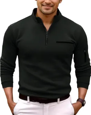 Men's Long Sleeve Polo Shirts Quarter Zip Up Pullover Slim Fit Casual Stylish Golf Collar Shirt for Men with Pocket