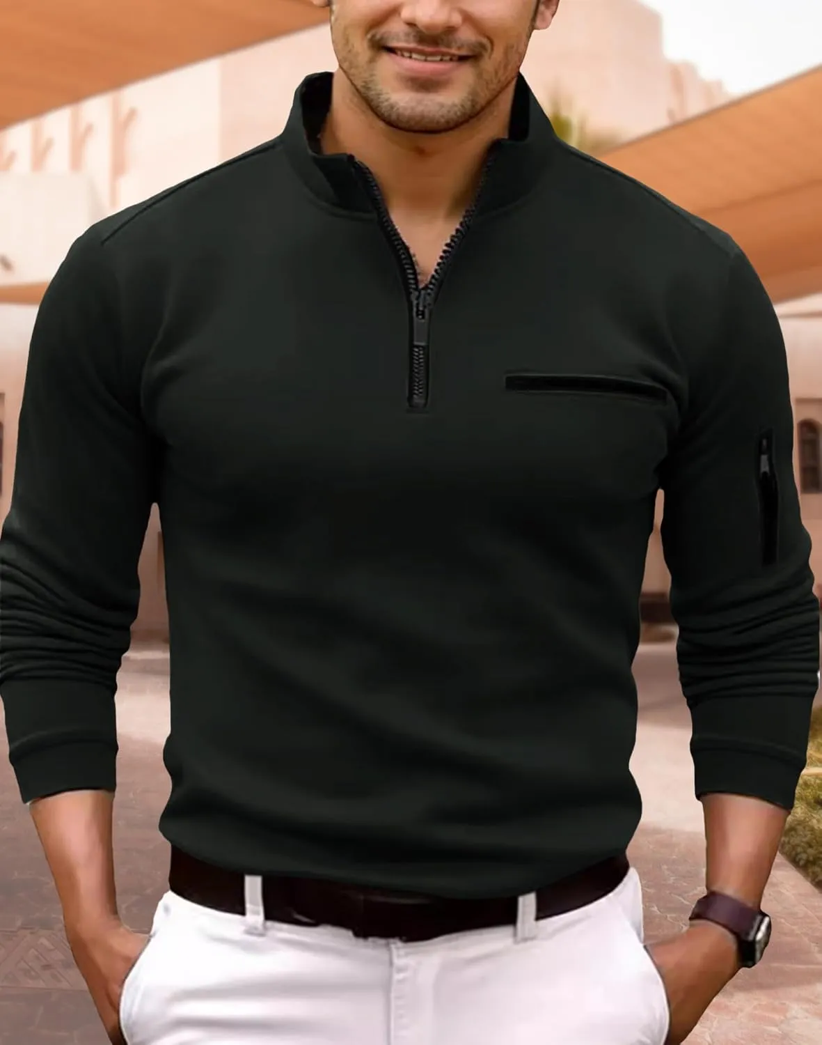 Men's Long Sleeve Polo Shirts Quarter Zip Up Pullover Slim Fit Casual Stylish Golf Collar Shirt for Men with Pocket