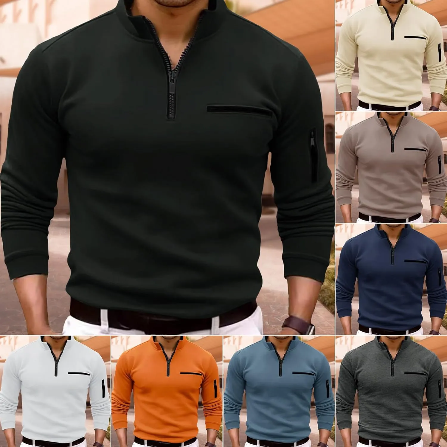 Men's Long Sleeve Polo Shirts Quarter Zip Up Pullover Slim Fit Casual Stylish Golf Collar Shirt for Men with Pocket