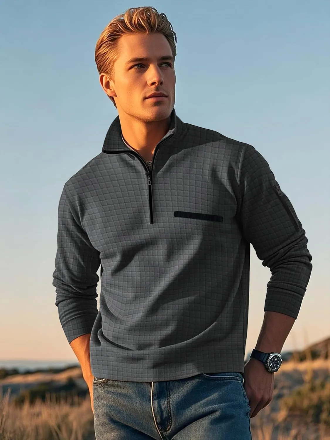 Men's Long Sleeve Polo Shirts Quarter Zip Up Pullover Slim Fit Casual Stylish Golf Collar Shirt for Men with Pocket