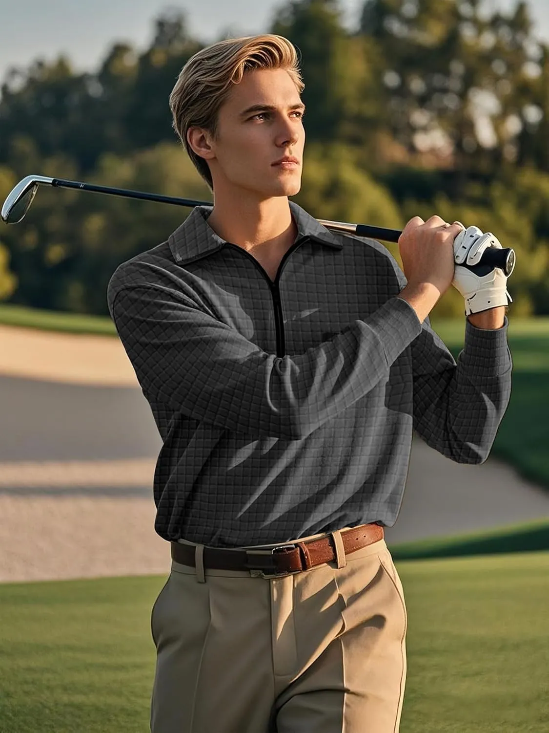 Men's Long Sleeve Polo Shirts Quarter Zip Up Pullover Slim Fit Casual Stylish Golf Collar Shirt for Men with Pocket