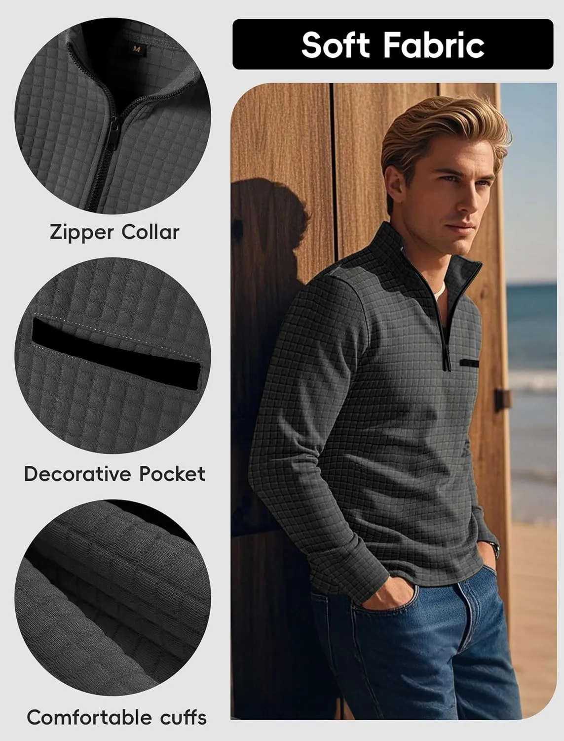 Men's Long Sleeve Polo Shirts Quarter Zip Up Pullover Slim Fit Casual Stylish Golf Collar Shirt for Men with Pocket