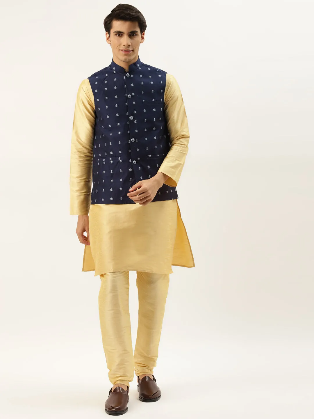 Men's Silk Blend Gold Kurta Pyjama & Navy Nehrujacket Combo - Sojanya