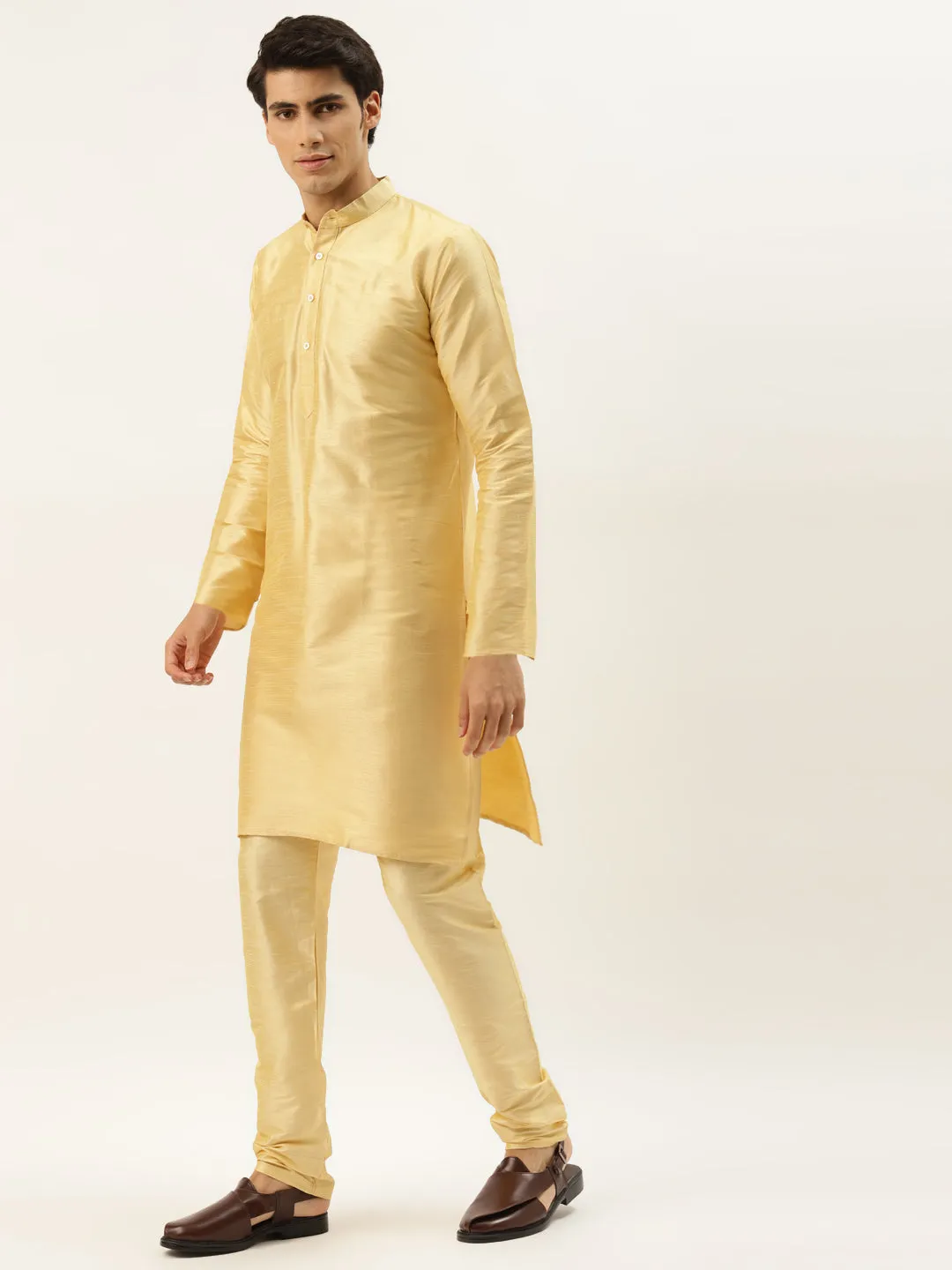 Men's Silk Blend Gold Kurta Pyjama & Navy Nehrujacket Combo - Sojanya
