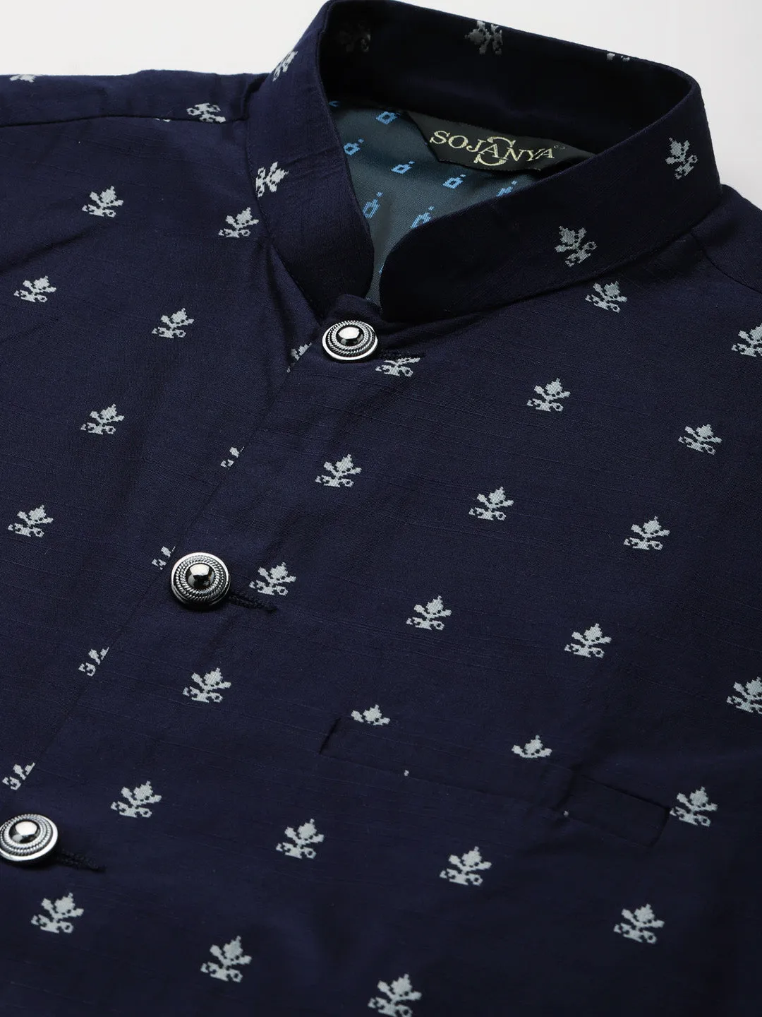 Men's Silk Blend Gold Kurta Pyjama & Navy Nehrujacket Combo - Sojanya
