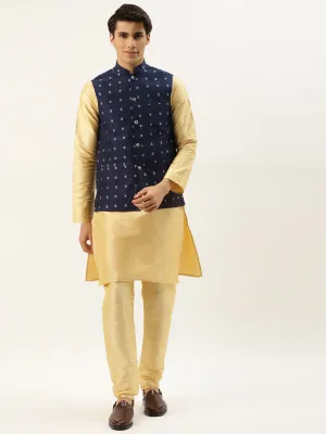 Men's Silk Blend Gold Kurta Pyjama & Navy Nehrujacket Combo - Sojanya