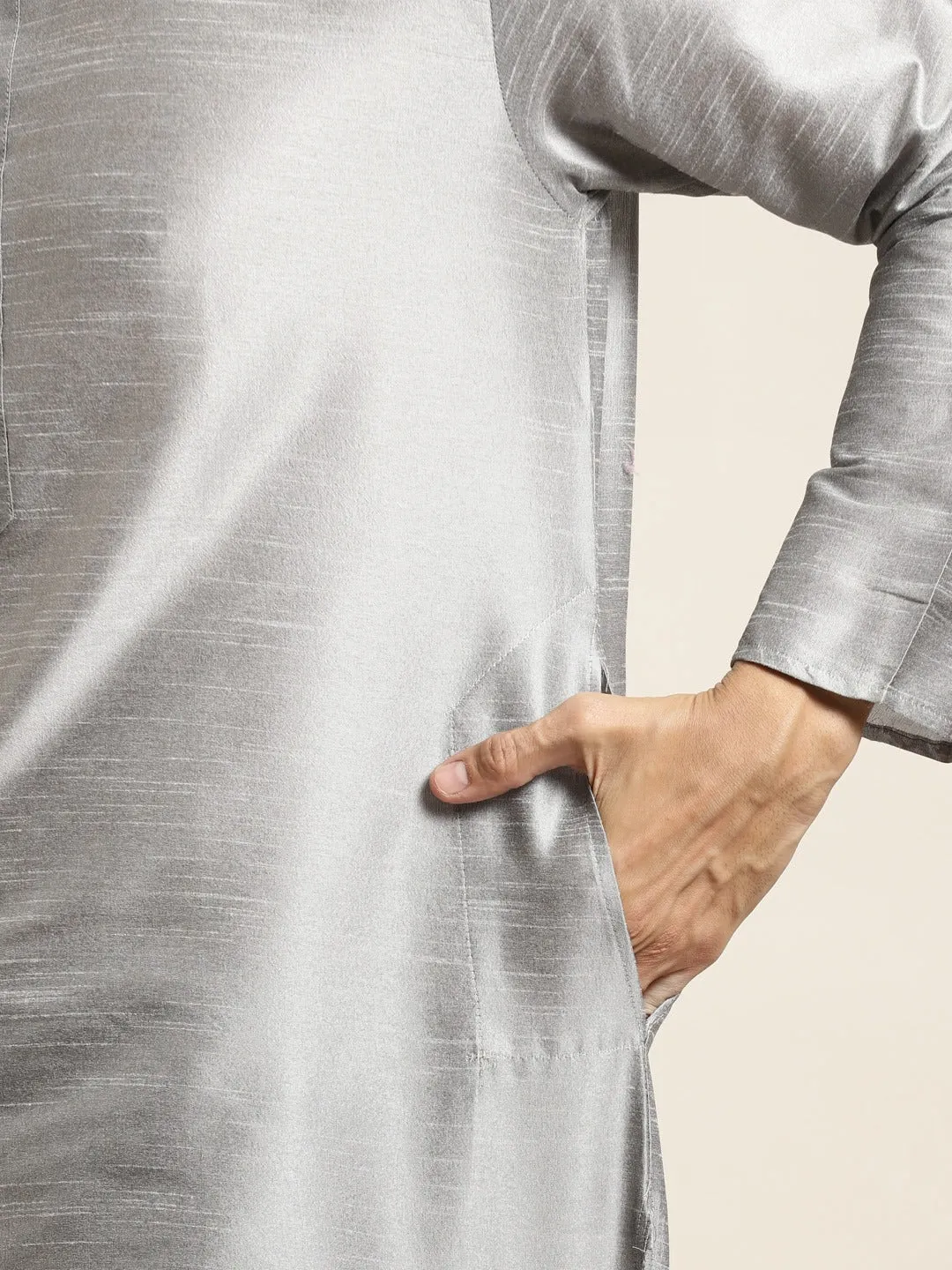 Men's Silk Blend Grey Kurta Pyjama & Silk Blend Navy Blue Embroidered Nehrujacket - Sojanya