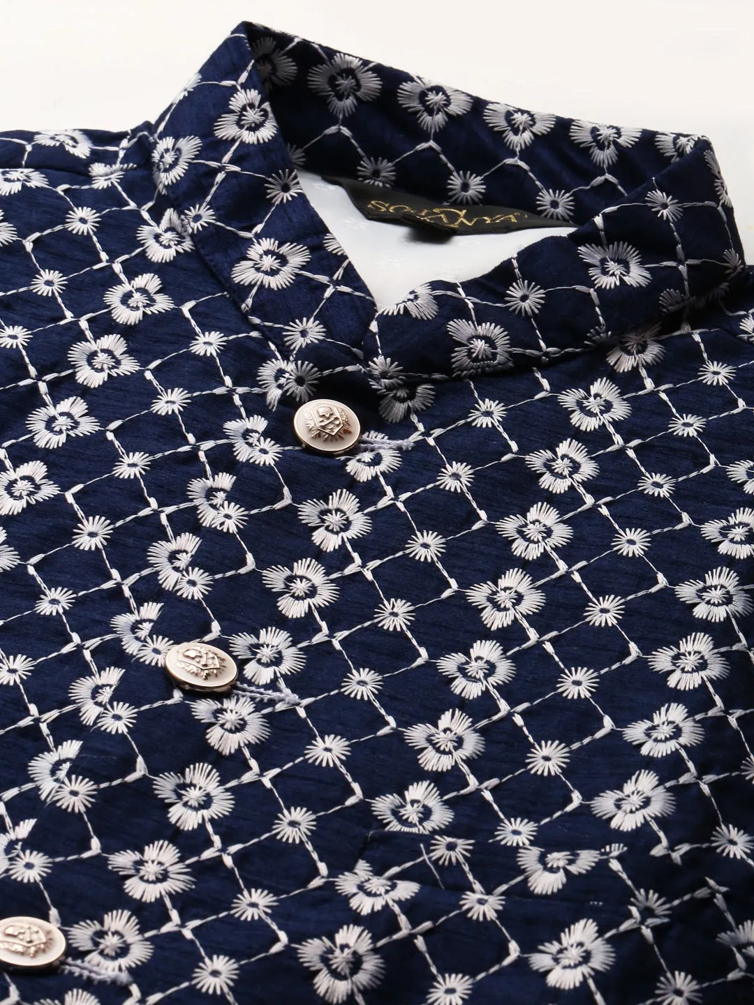 Men's Silk Blend Grey Kurta Pyjama & Silk Blend Navy Blue Embroidered Nehrujacket - Sojanya