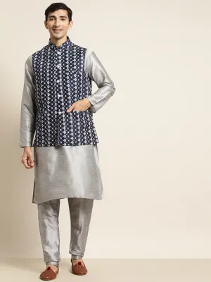 Men's Silk Blend Grey Kurta Pyjama & Silk Blend Navy Blue Embroidered Nehrujacket - Sojanya