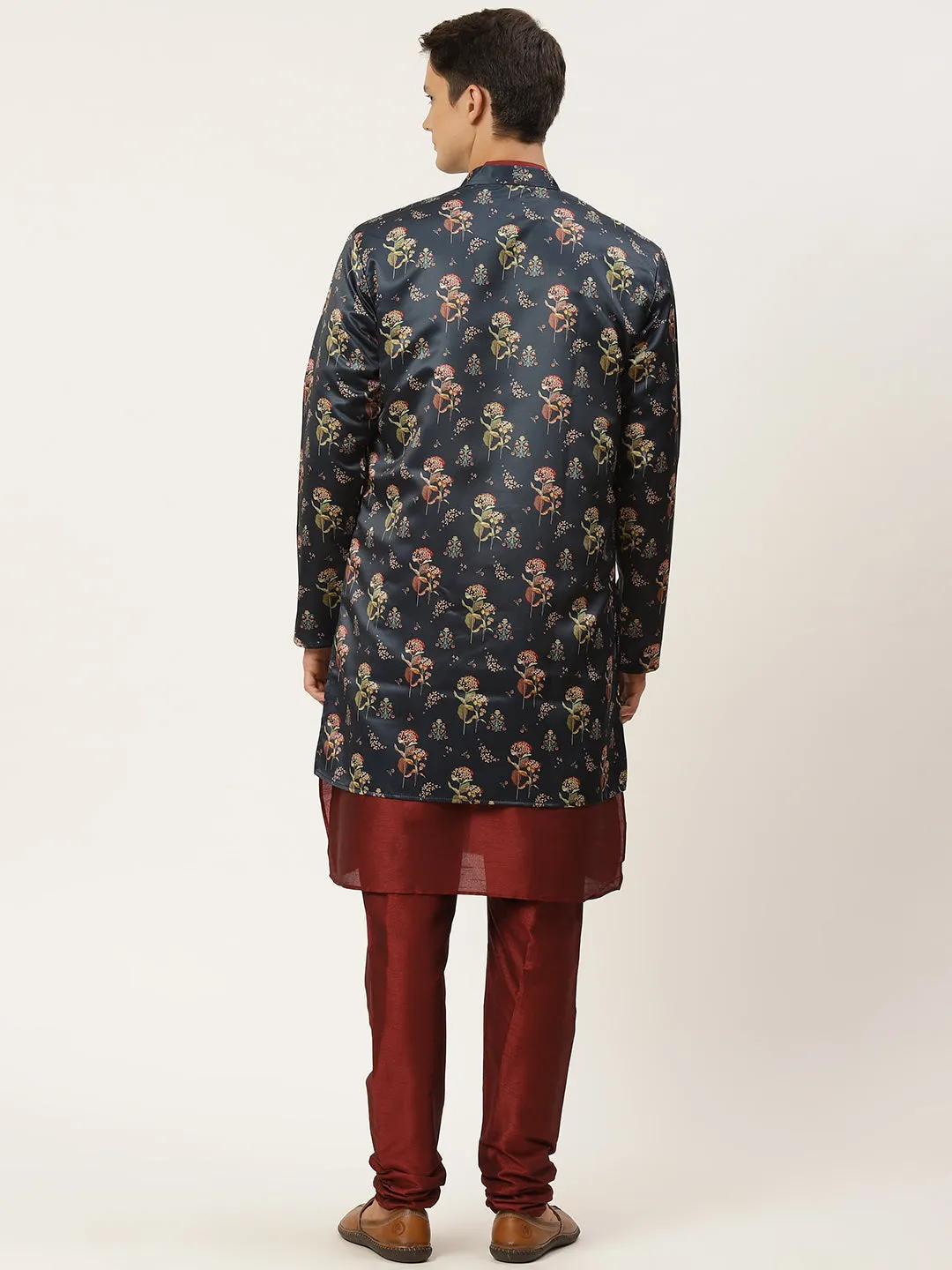 Men's Silk Blend Maroon Kurta Pyjama & Navy Jacket Combo - Sojanya