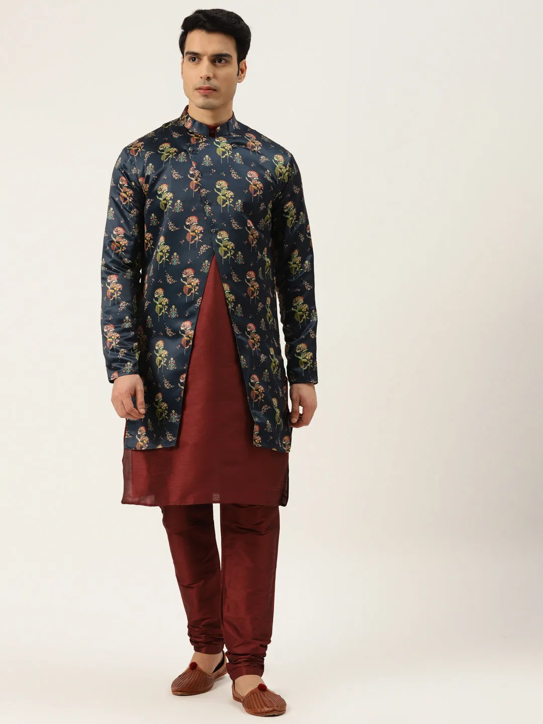Men's Silk Blend Maroon Kurta Pyjama & Navy Sherwani Set - Sojanya