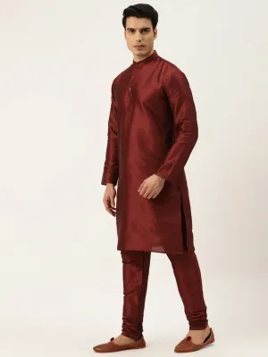 Men's Silk Blend Maroon Kurta Pyjama & Navy Sherwani Set - Sojanya