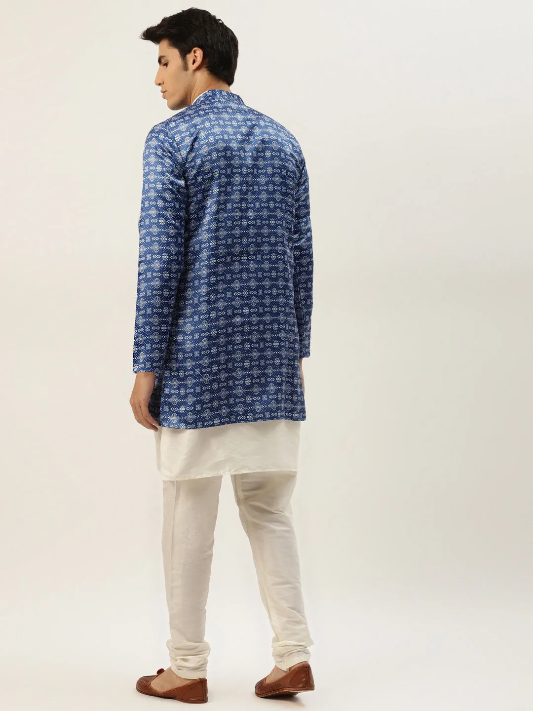 Men's Silk Blend Off White Kurta Pyjama & Blue Sherwani Set - Sojanya