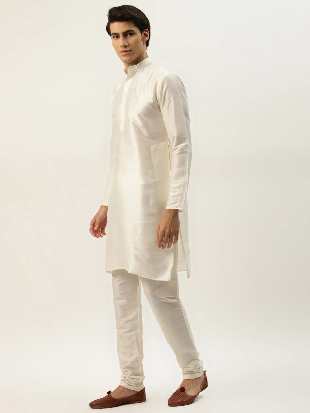 Men's Silk Blend Off White Kurta Pyjama & Blue Sherwani Set - Sojanya