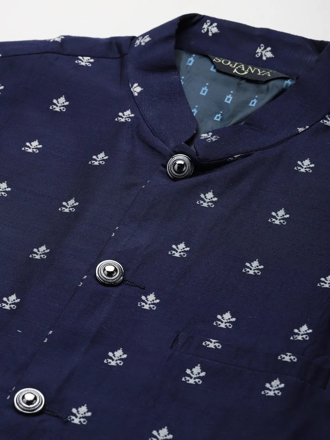 Men's Silk Blend Off White Kurta Pyjama & Navy Nehrujacket Combo - Sojanya