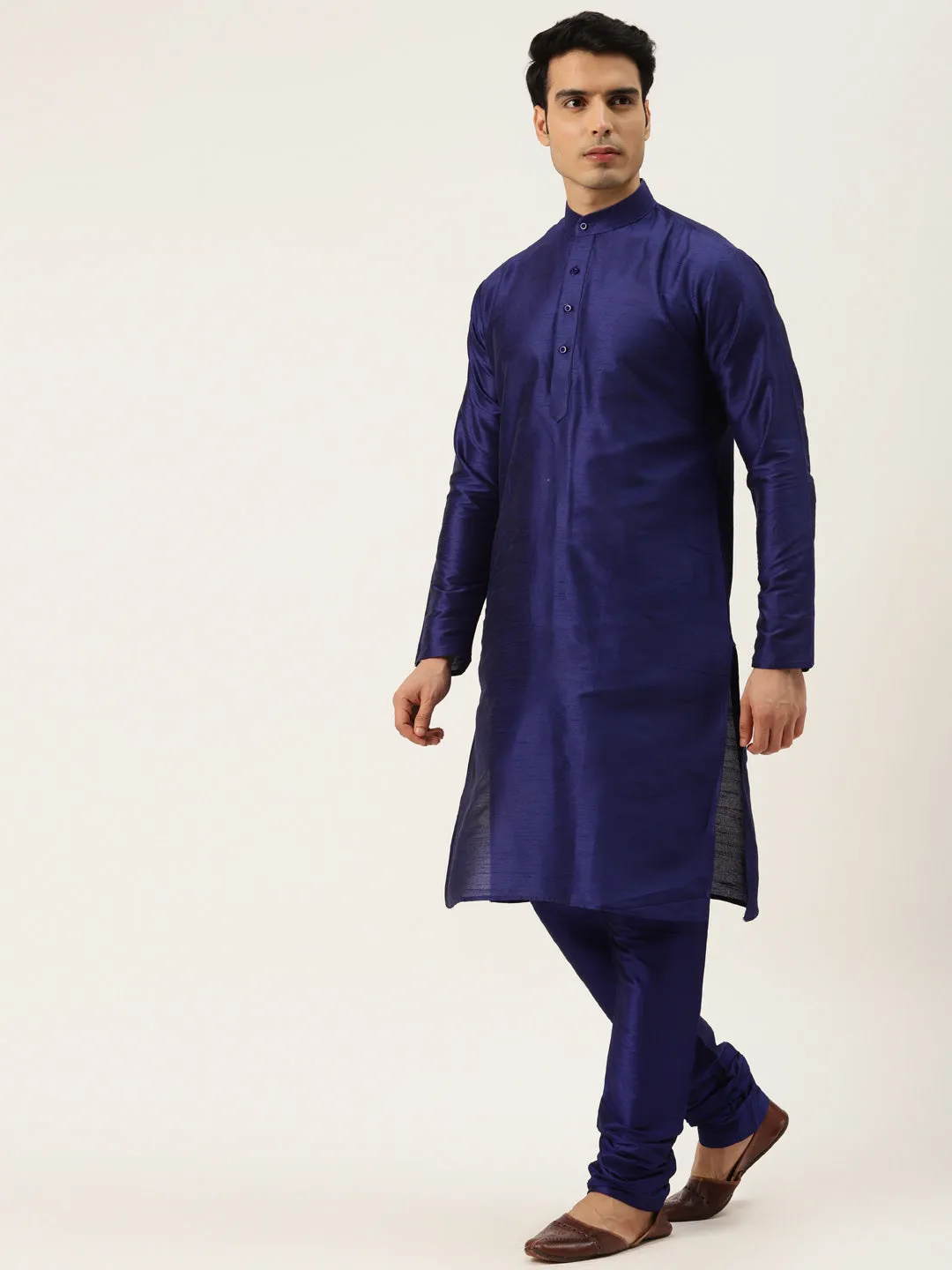 Men's Silk Blend Royal Blue Kurta Pyjama & Yellow Nehrujacket Combo - Sojanya