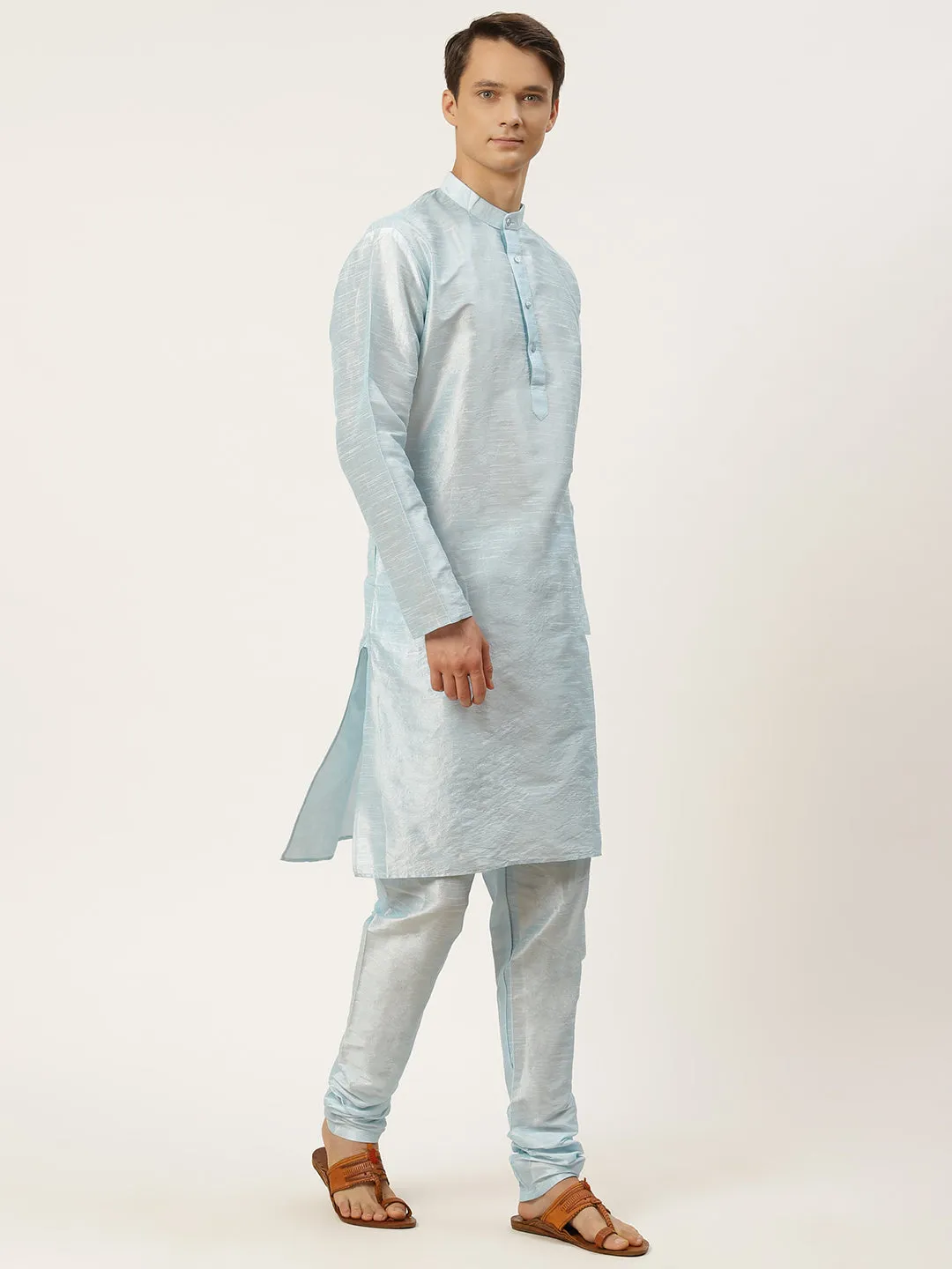 Men's Silk Blend Sky Blue Kurta Pyjama & Navy Jacket Combo - Sojanya