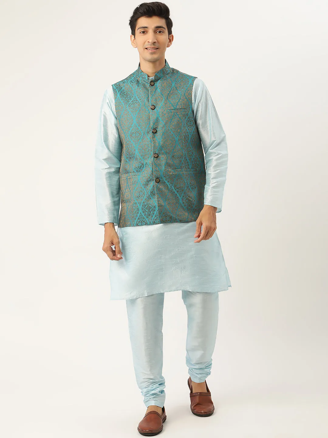 Men's Silk Blend Sky Blue Kurta Pyjama & Teal Blue Nehrujacket Combo - Sojanya